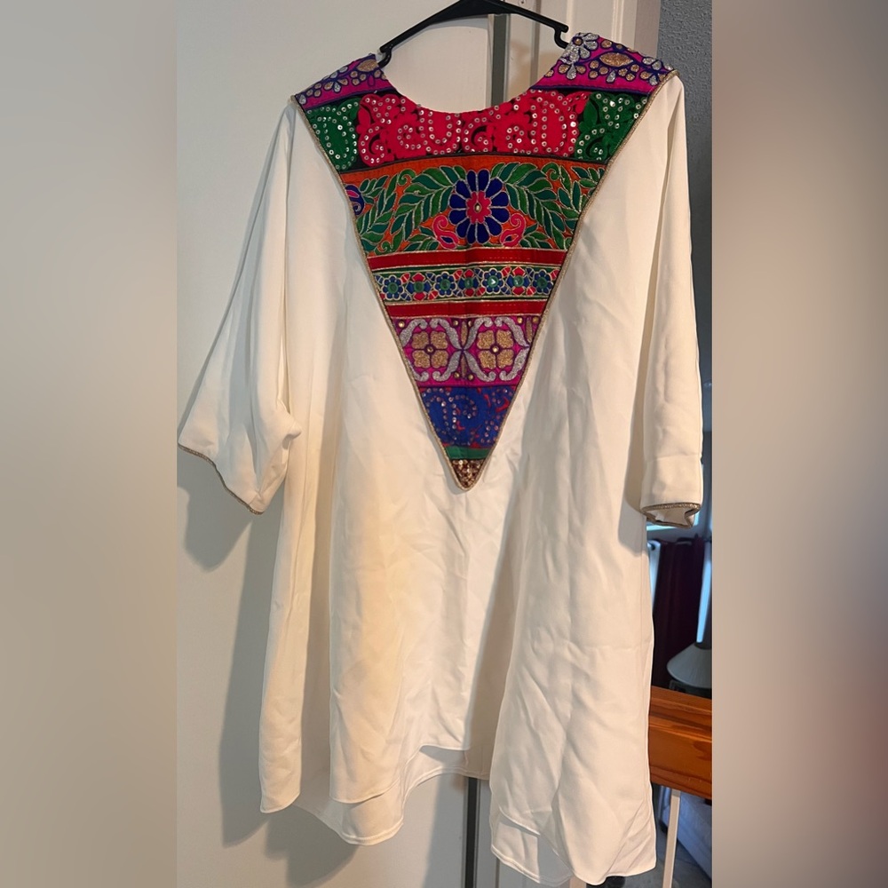 White Kaftan with Colorful Embroidery